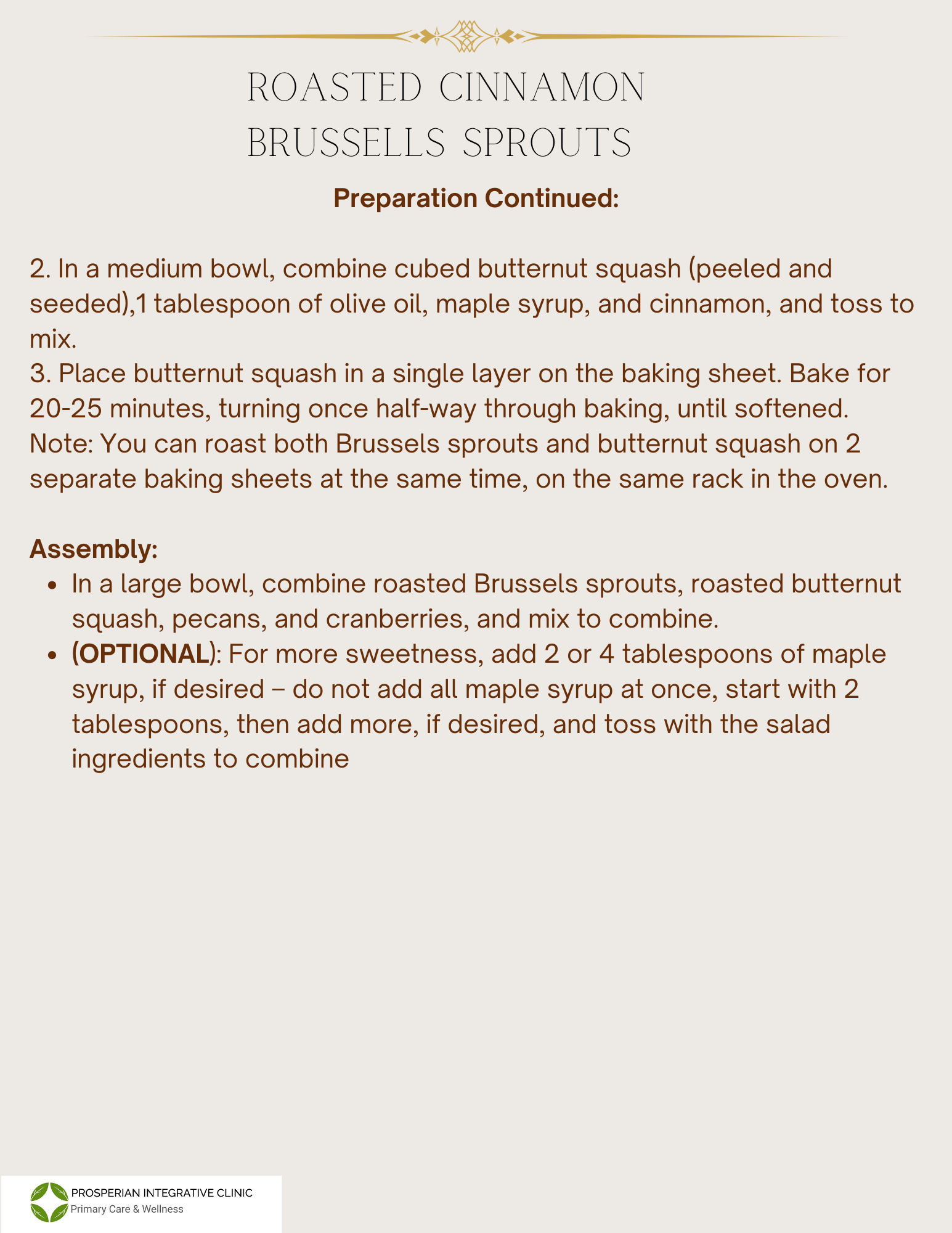 Recipe card titled “Roasted Cinnamon Buns & Frosting” with preparation instructions and an ingredients list.
