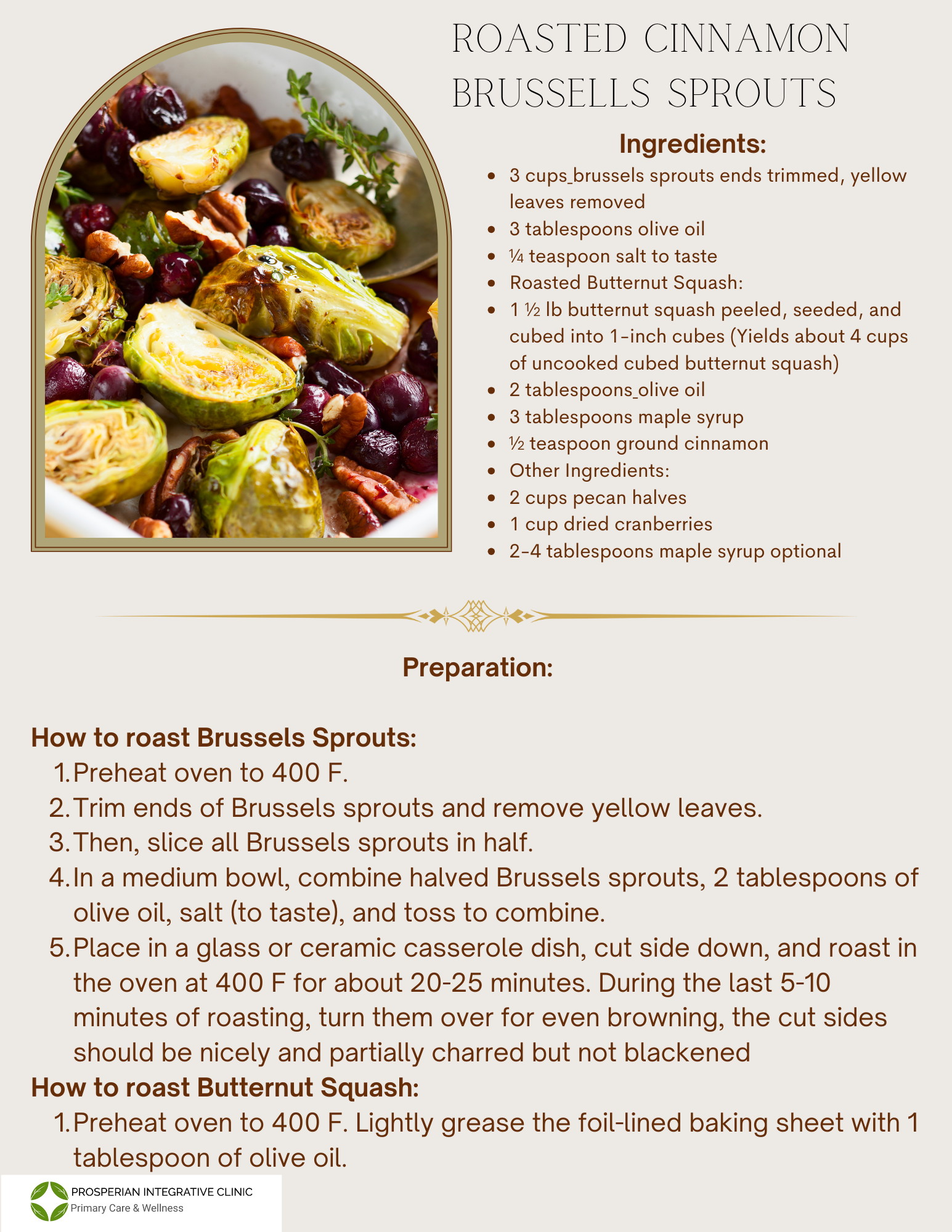 Recipe card for roasted cinnamon apple, Brussels sprouts, and chicken with ingredients and prep steps