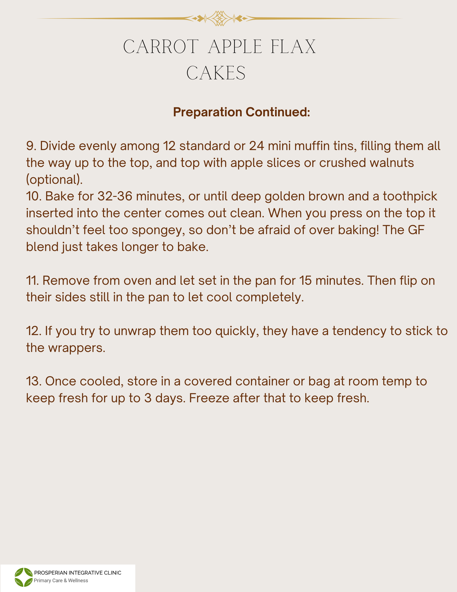 Carrot apple flax cake recipe instructions on a white page with numbered steps and small logo