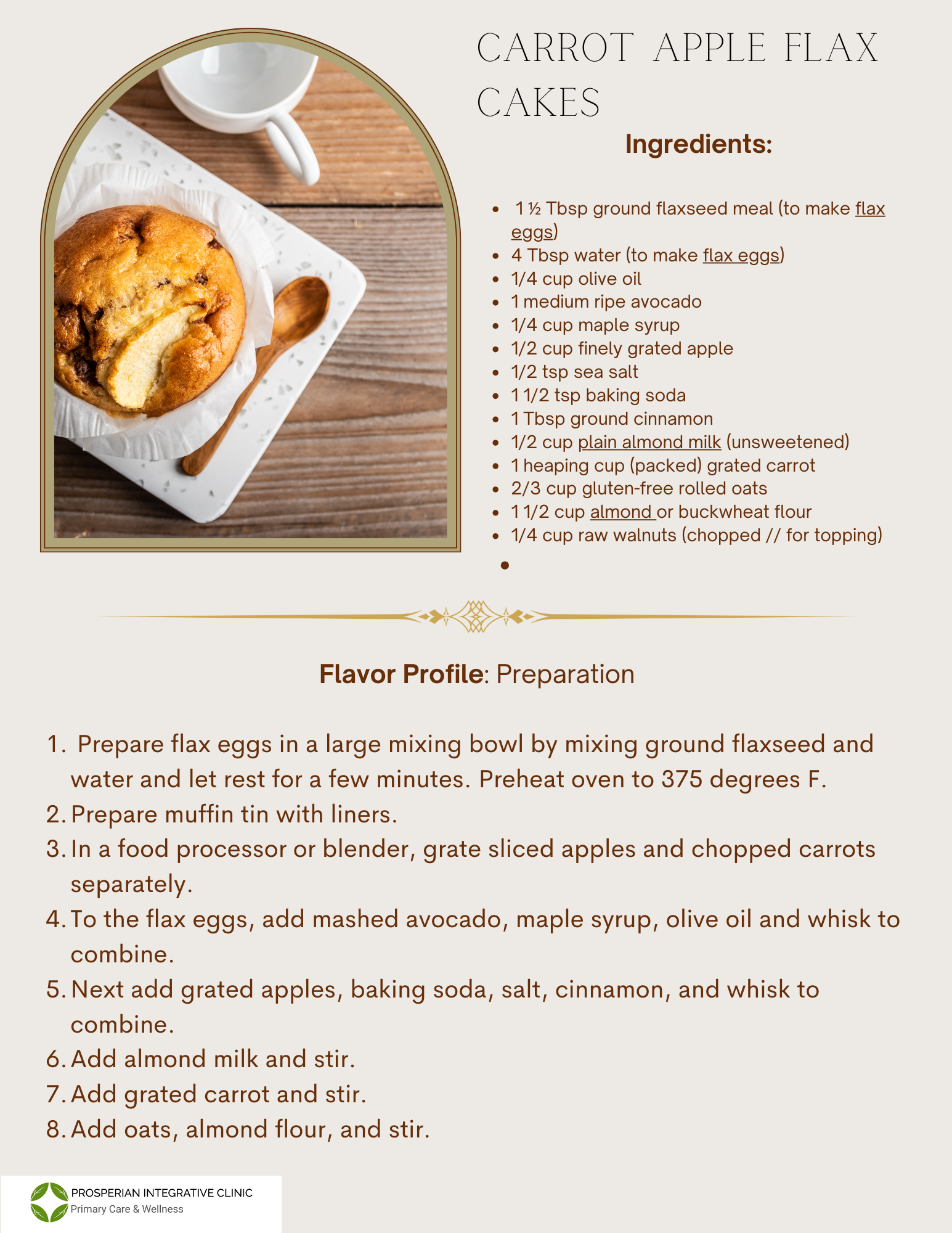 Carrot apple flax cake recipe card with photo of sliced cake and ingredient list