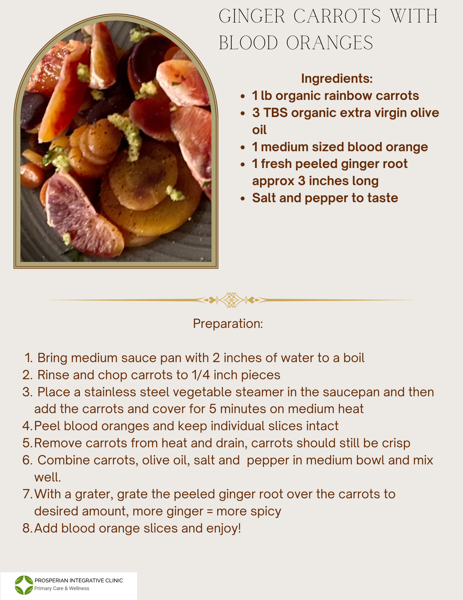 Recipe card for ginger carrots with bacon on a white background, with ingredients and preparation steps.