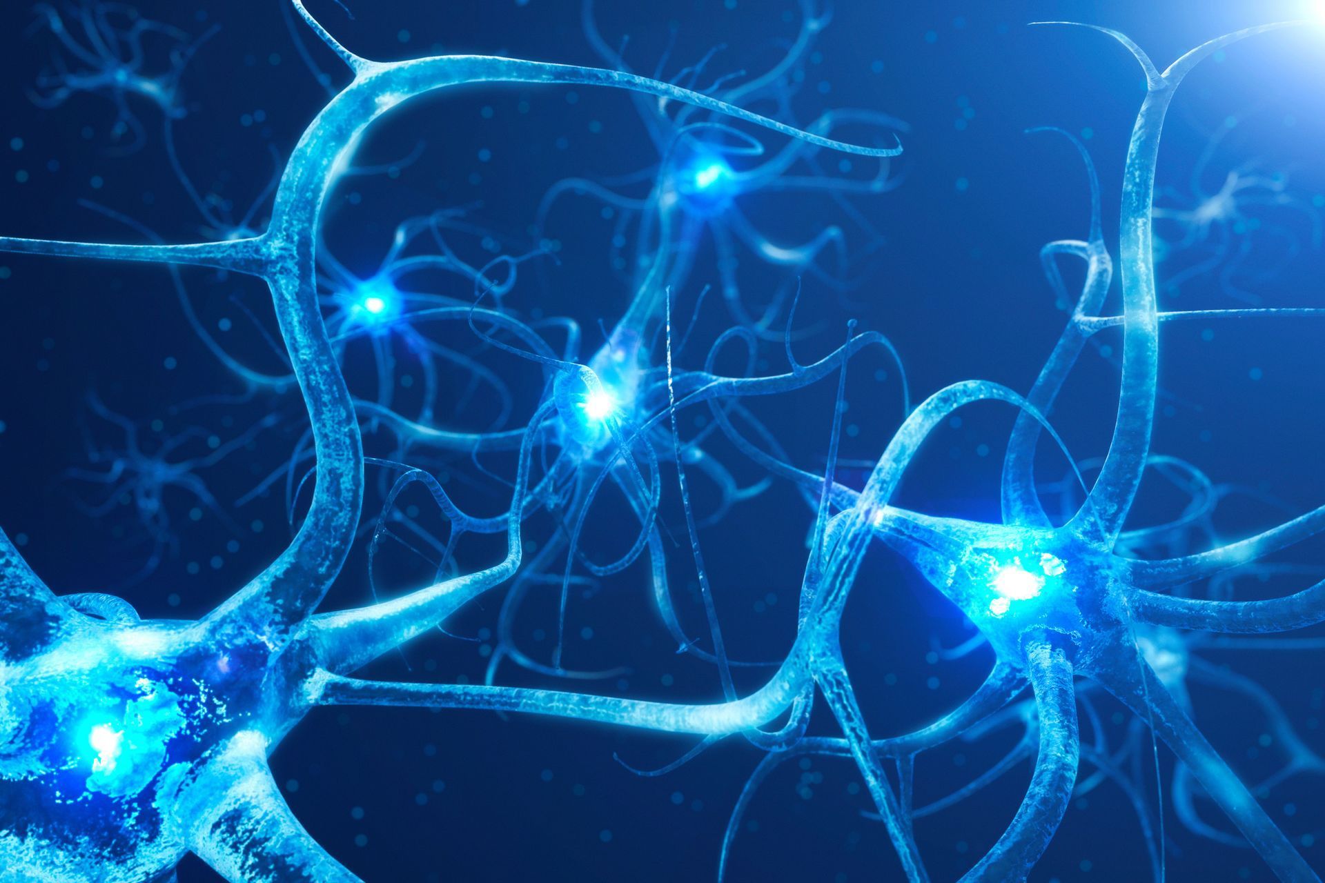 Blue glowing neural network with connected neuron-like strands on a dark background Blue glowing neural network with connected neuron-like strands on a dark background