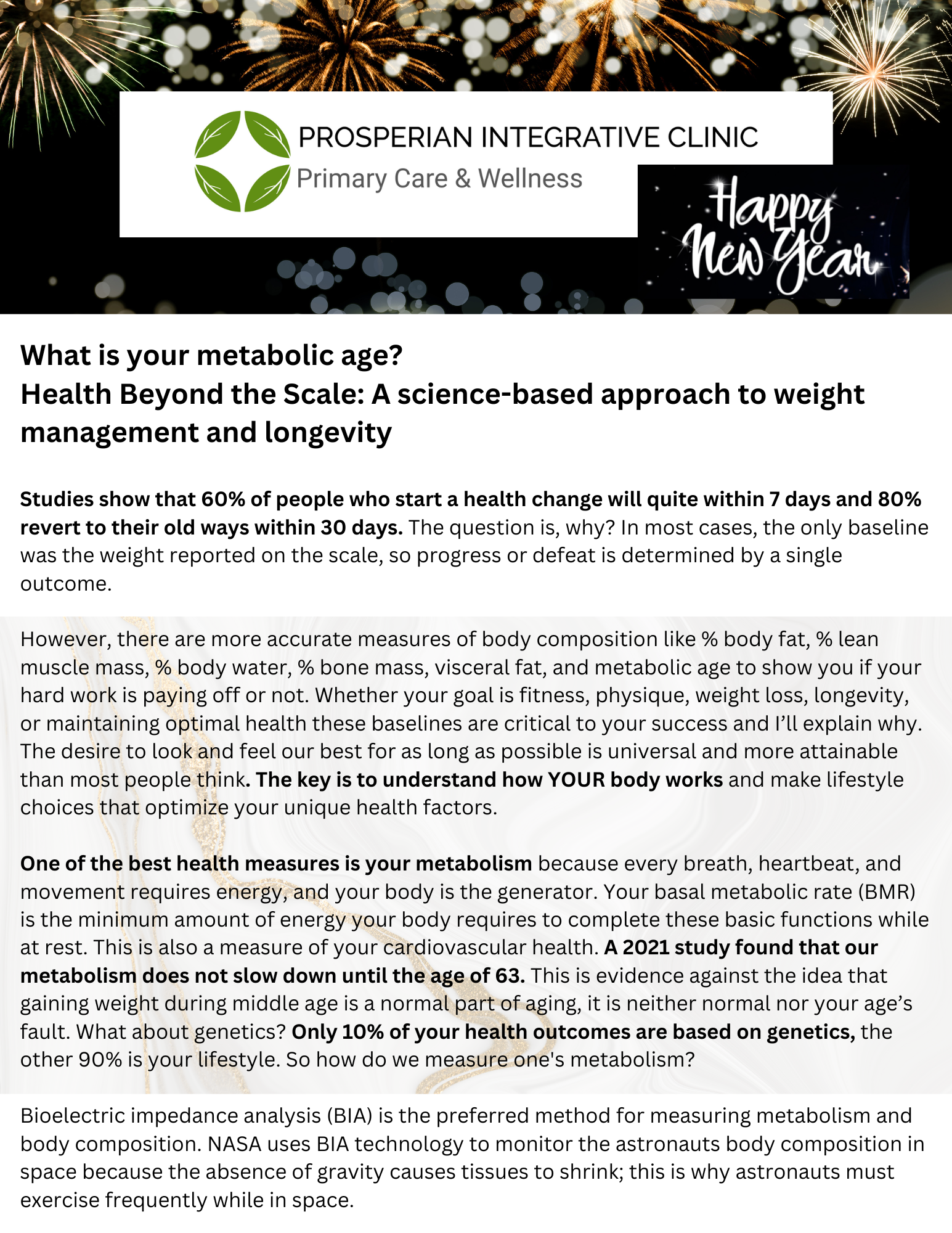 Poster from Prosperity Integrative Clinic about weight management and longevity with autumn leaves and “Happy Halloween” banner