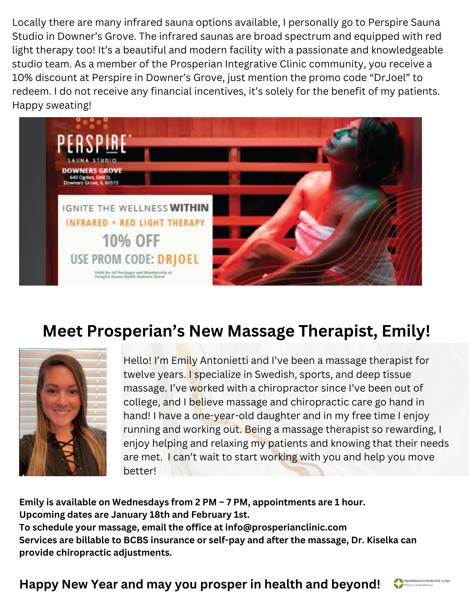 Promotional flyer for Perspire massage, featuring therapist Emily and 10% off special offer
