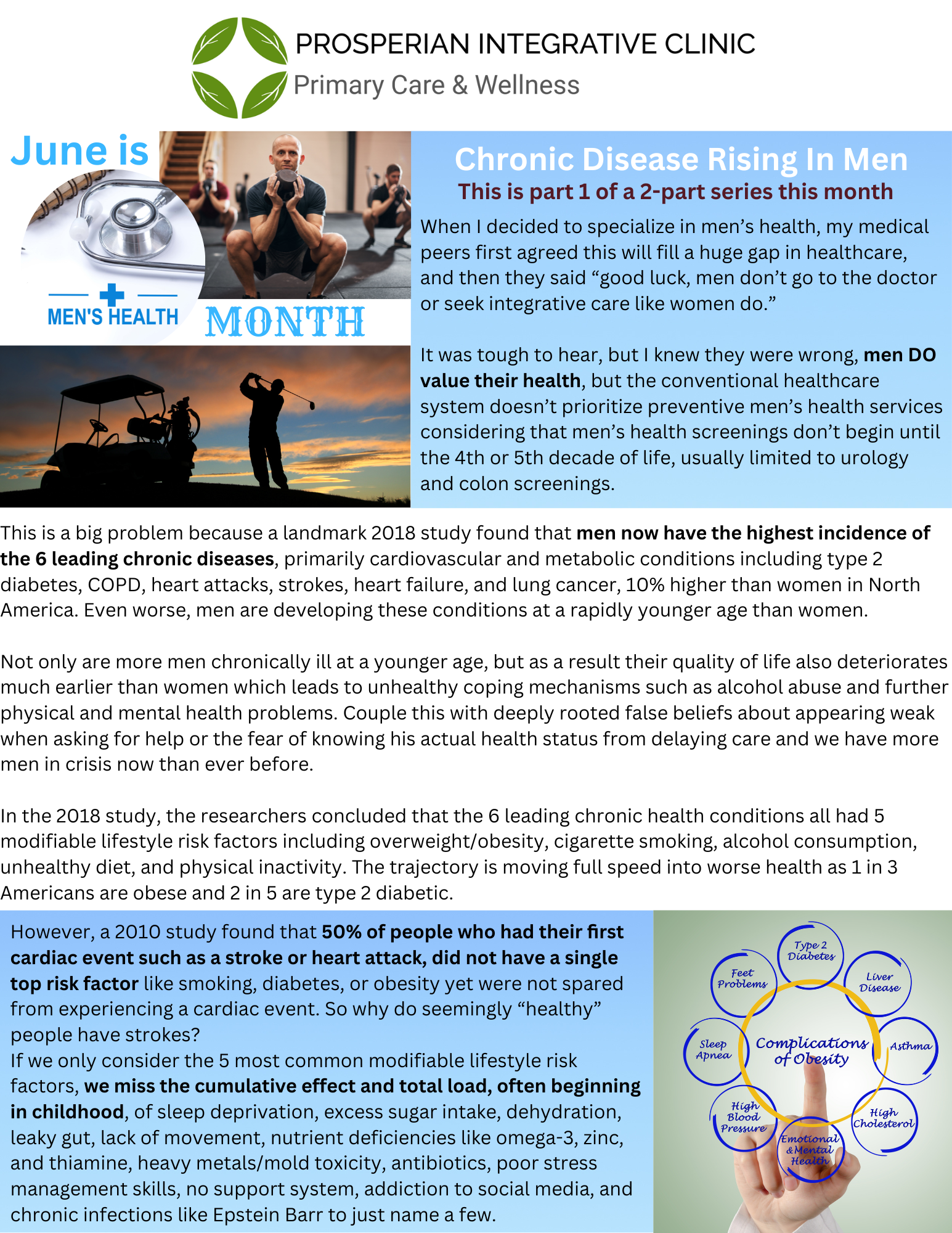 Clinic health-awareness poster with blue text blocks, logo, and silhouette figures walking at sunset.