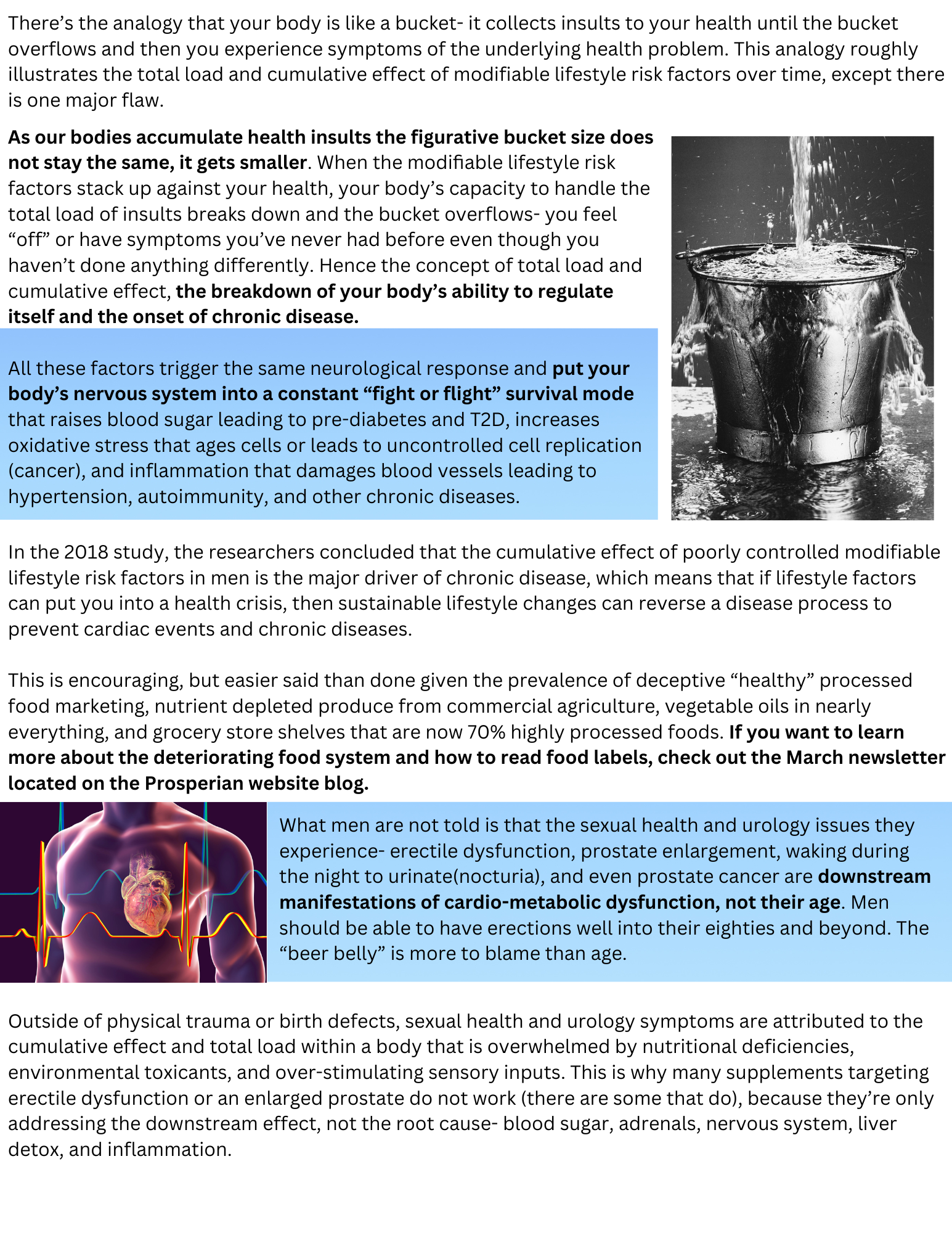 Dense article page with blue highlight boxes and two embedded photos, one of a metal container and one colorful cell image