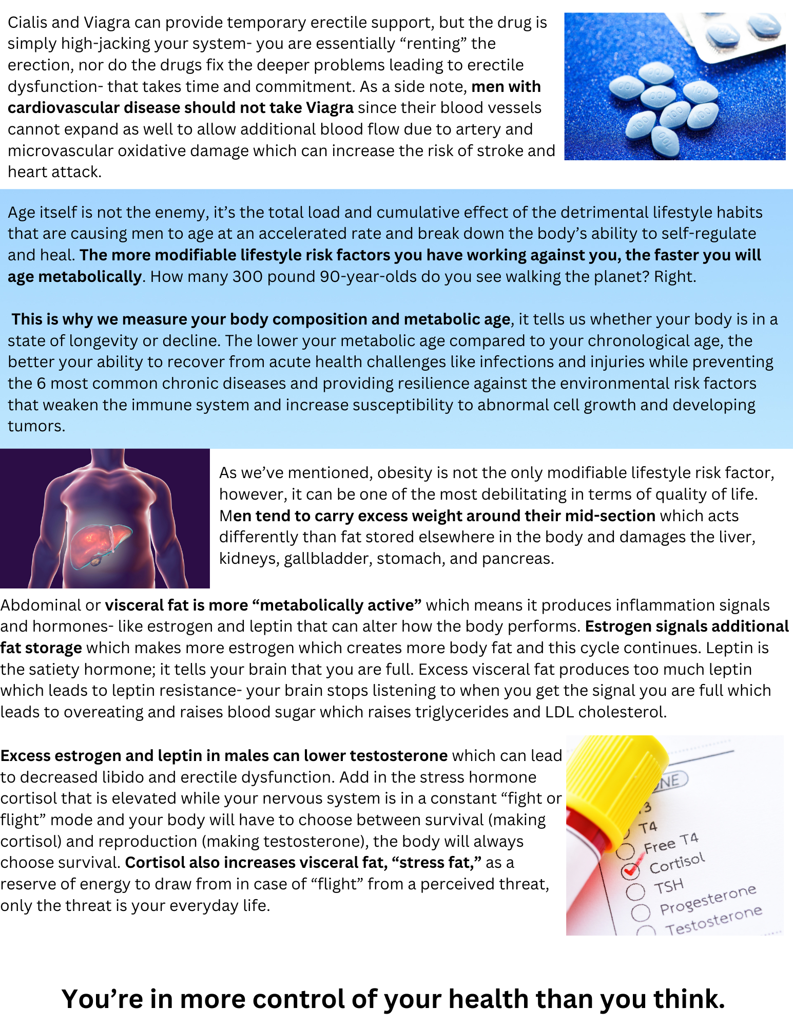 Health article page with blue-highlighted sections, pill photos, and a child breathing through an inhaler with the slogan 