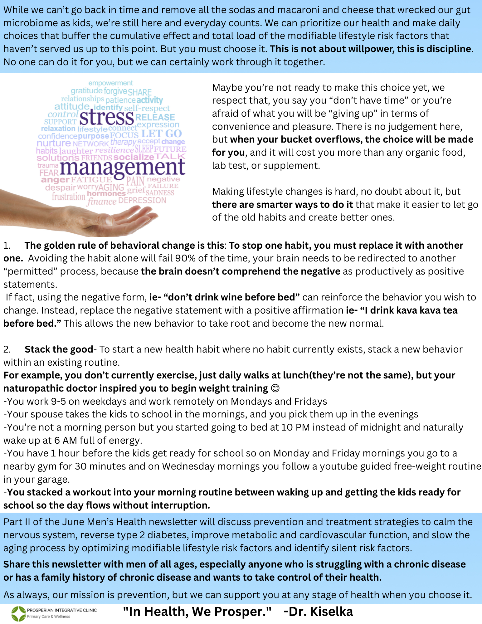Flyer about stress management with blue text blocks and a circular “stress management” graphic.