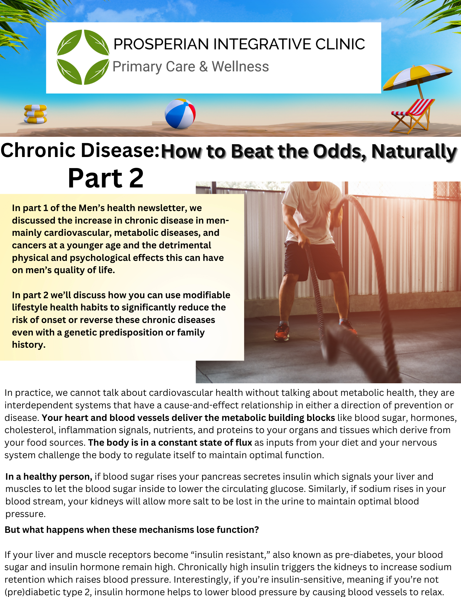 Clinic blog graphic about chronic disease prevention, with person exercising and headline text on a white-and-blue layout