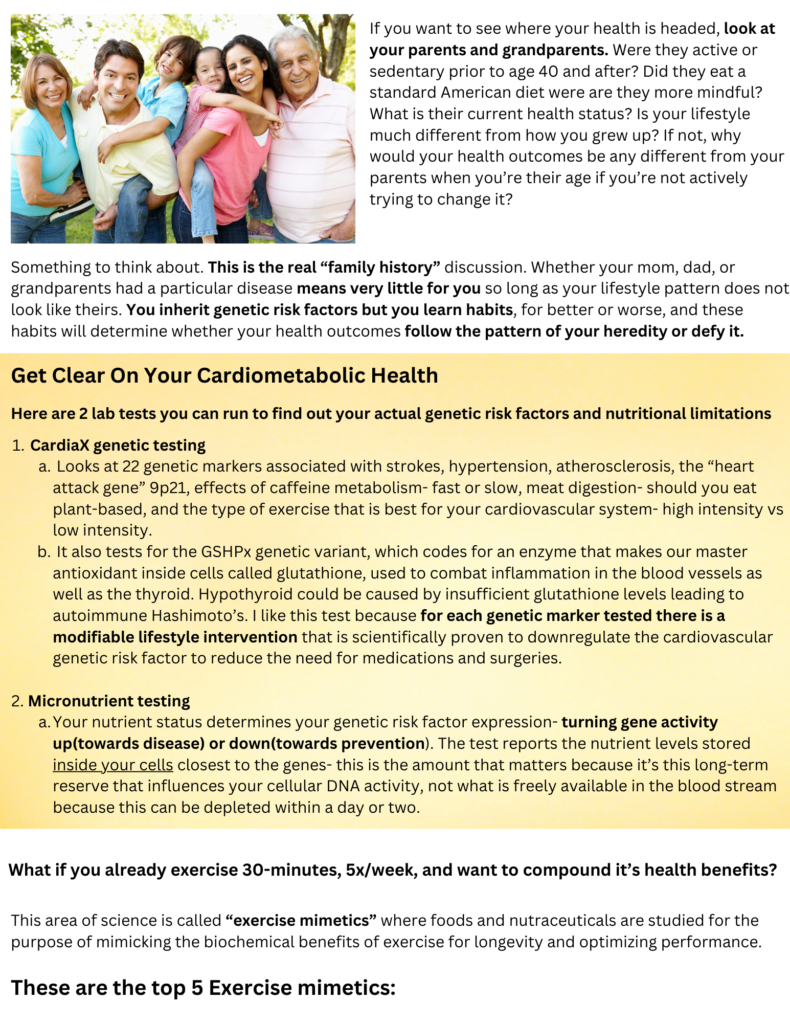 Flyer on getting your card and improving health, with a smiling family photo at the top.