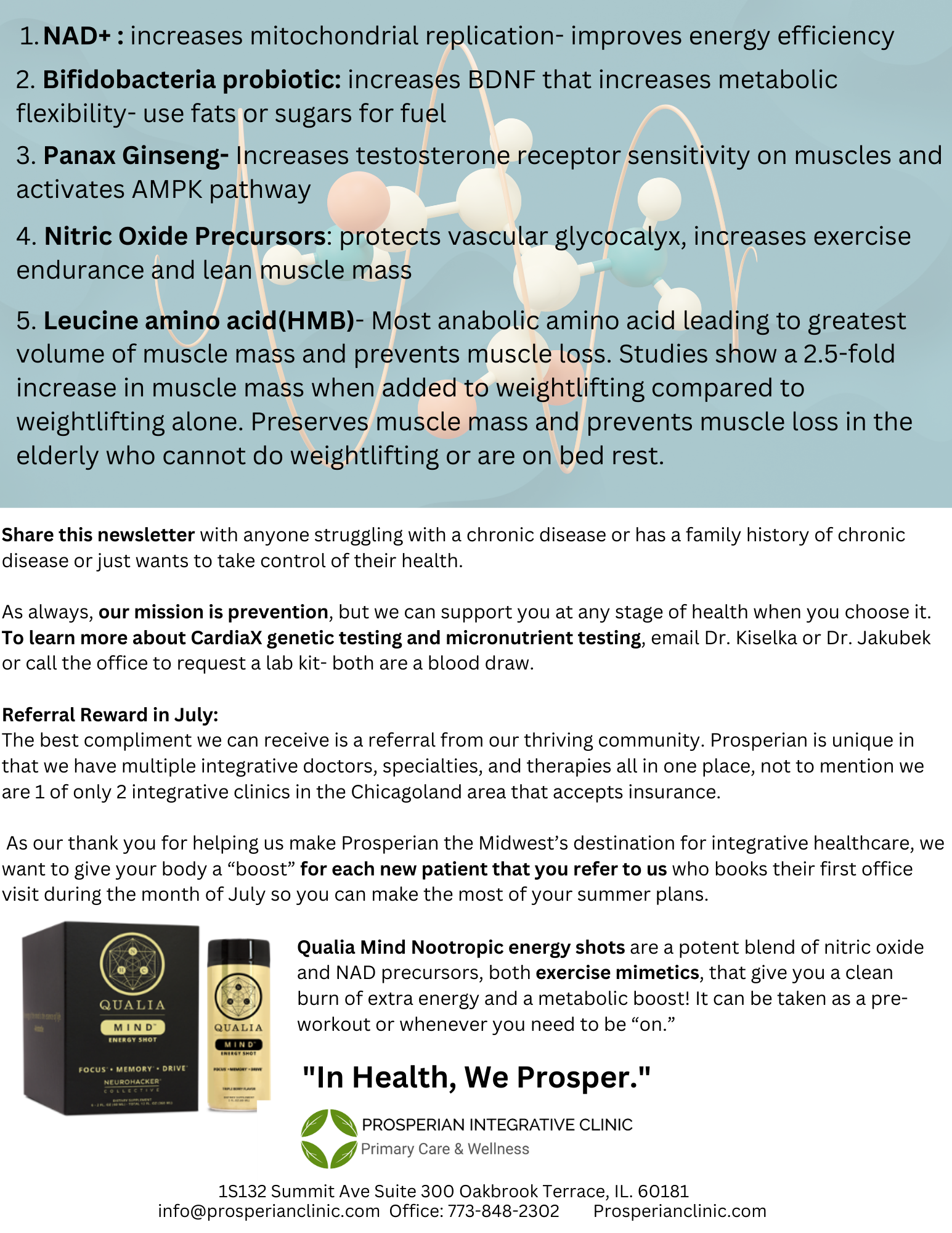 Fitness supplement ad with blue background, bullet-point benefits, and a product bottle near the bottom left