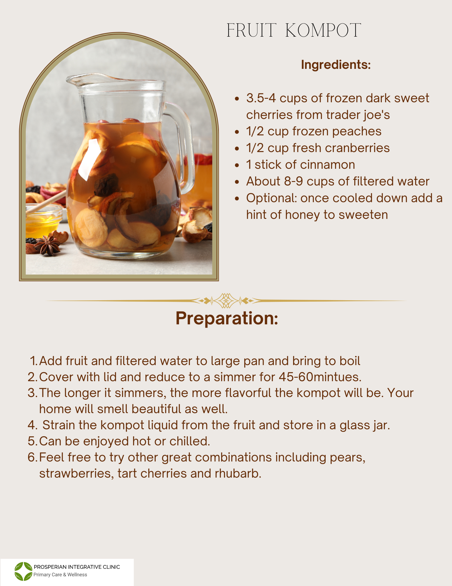 Recipe card for fruit compote with jar of mixed fruit and ingredient and preparation instructions.