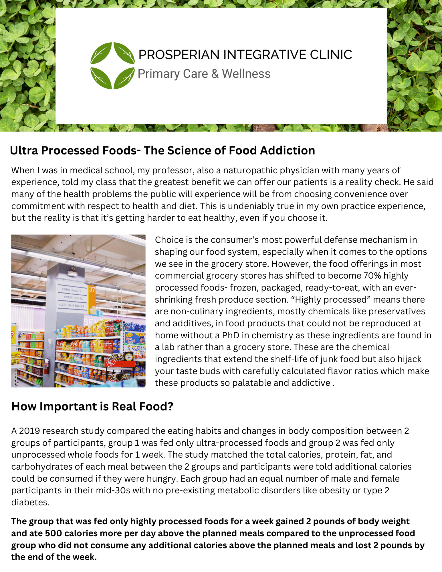 Clinic flyer about ultra-processed foods and food addiction, with text and a grocery store photo