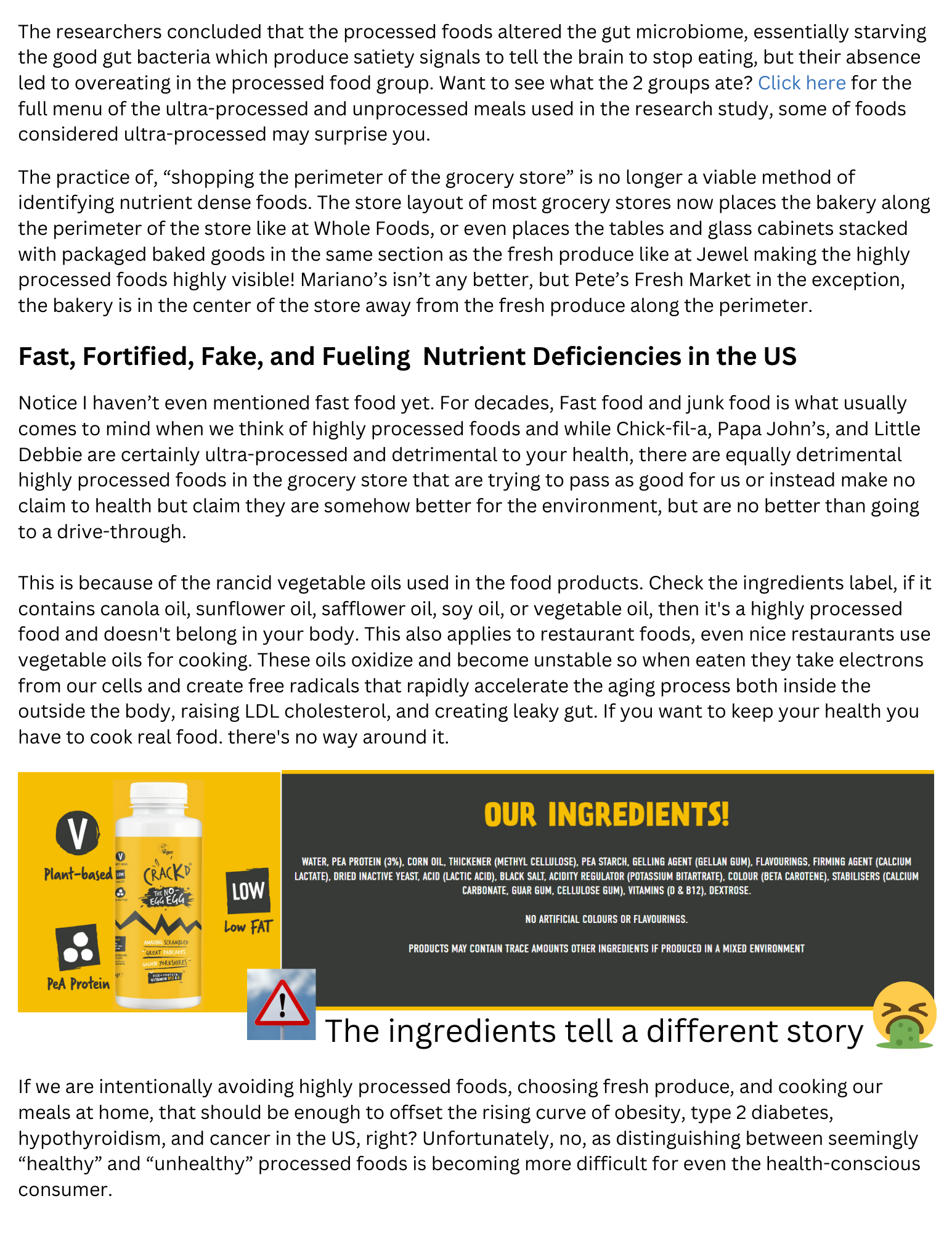Article page with food ad banner reading “Our Ingredients!” and text about fortified, fed, and fuelling nutrient deficiencies.