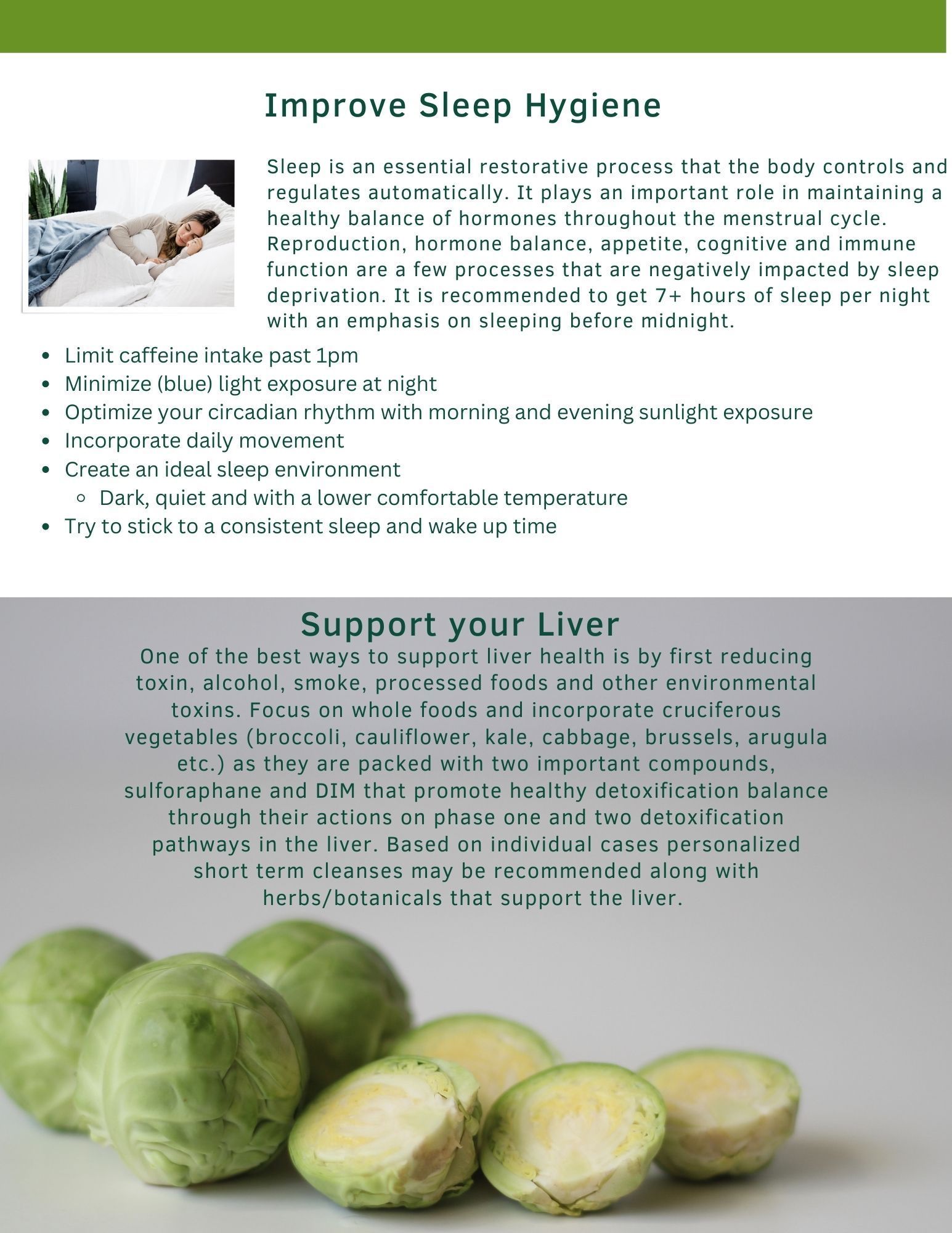 Sleep hygiene tips with a person in bed and a green section about liver support with Brussels sprouts and apples.
