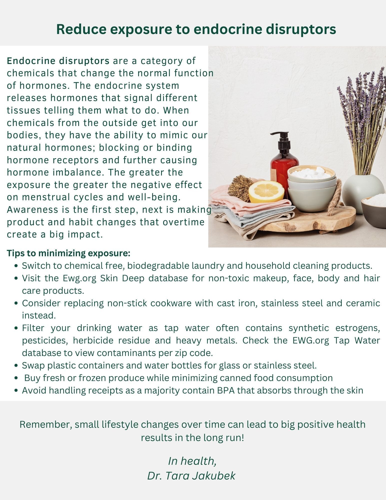 Infographic on reducing endocrine disruptors, with tips and food images on a white background.