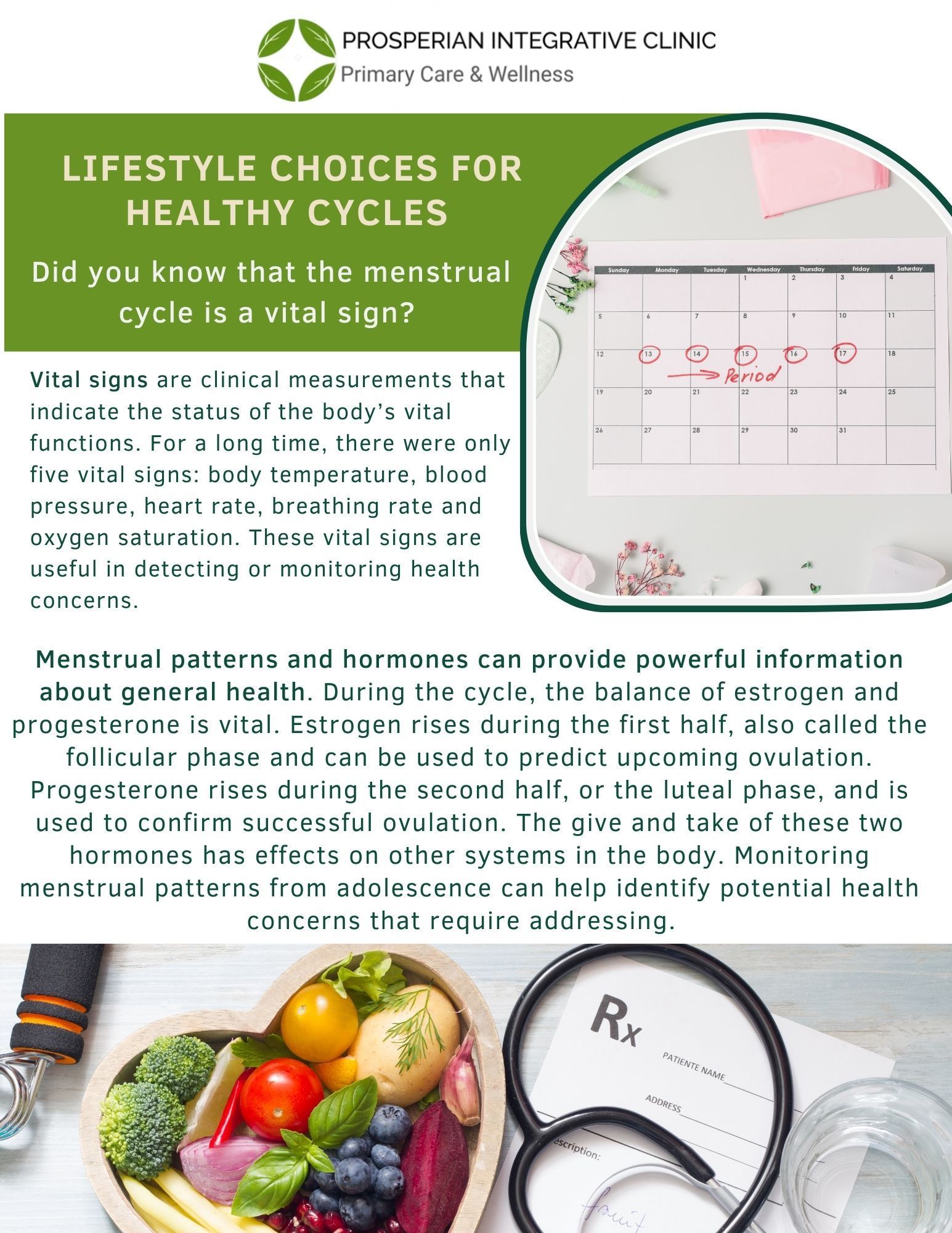 Green poster about healthy menstrual cycles with food and a stethoscope image at the bottom