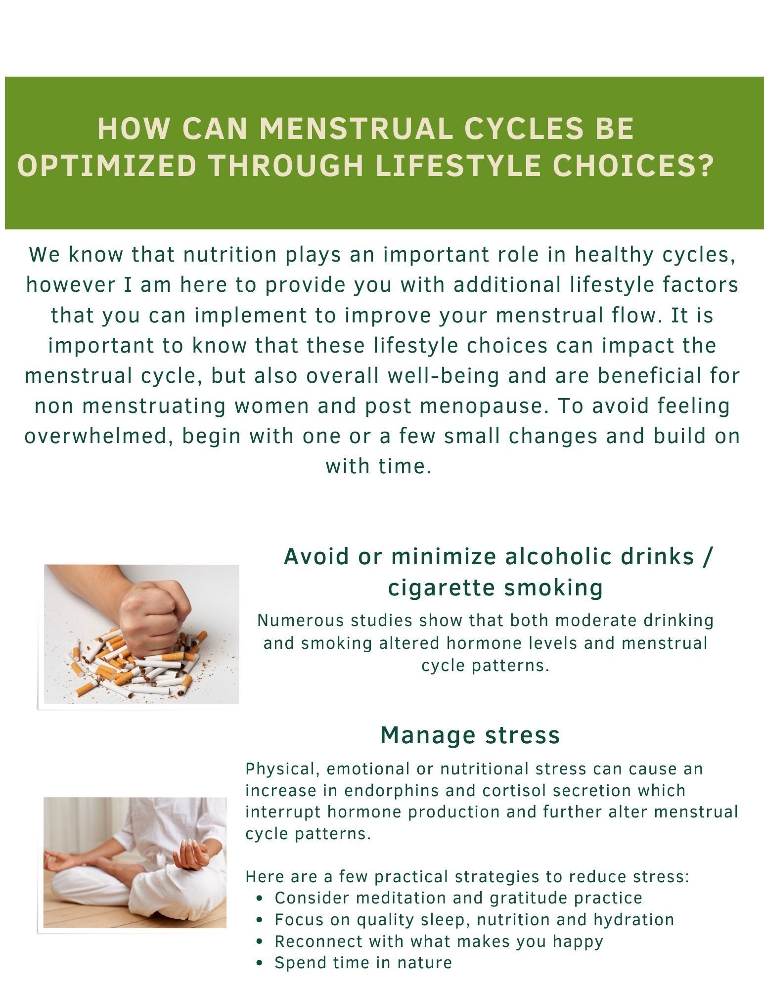 Infographic on optimizing menstrual cycles with tips on diet, smoking, and stress management