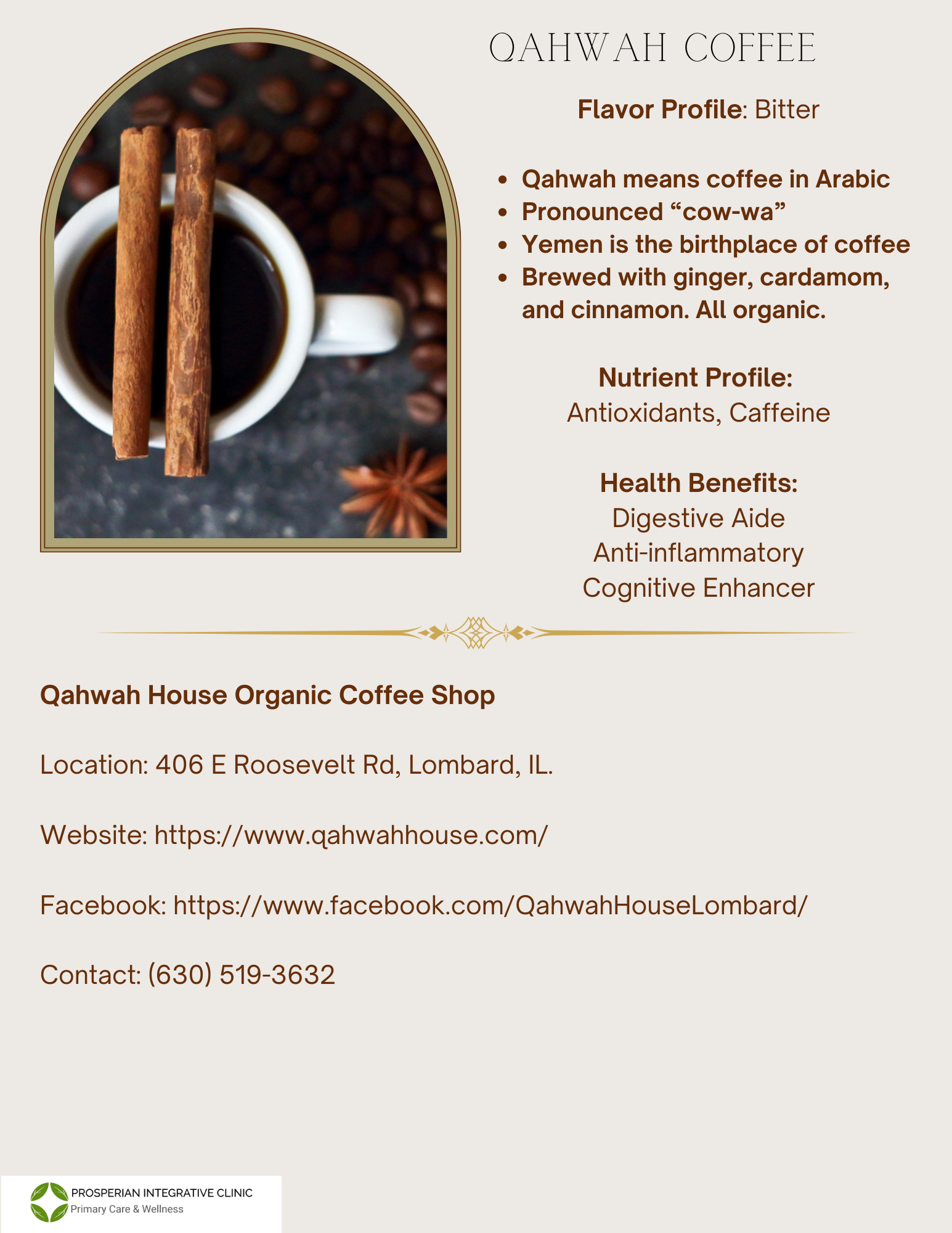 Qahwa Coffee promo poster with cinnamon sticks and Arabic coffee beans, highlighting flavor and health benefits