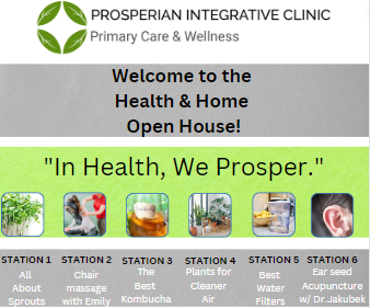 Prosperian Integrative Clinic open house flyer with station list and “In Health, We Prosper.” شعار
