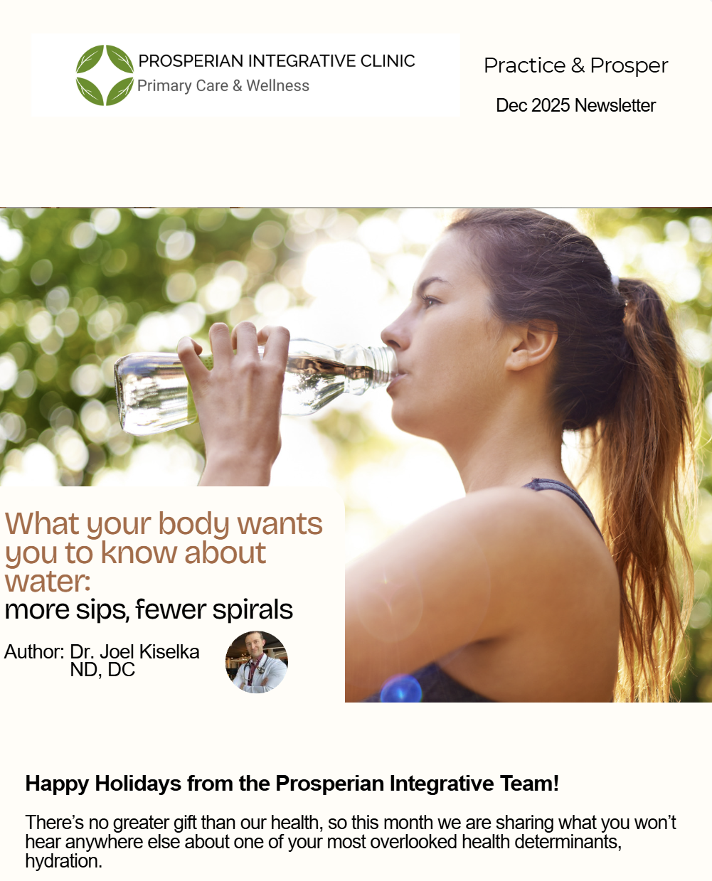 Woman drinking from a bottle outdoors in a fitness poster about hydration and exercise.