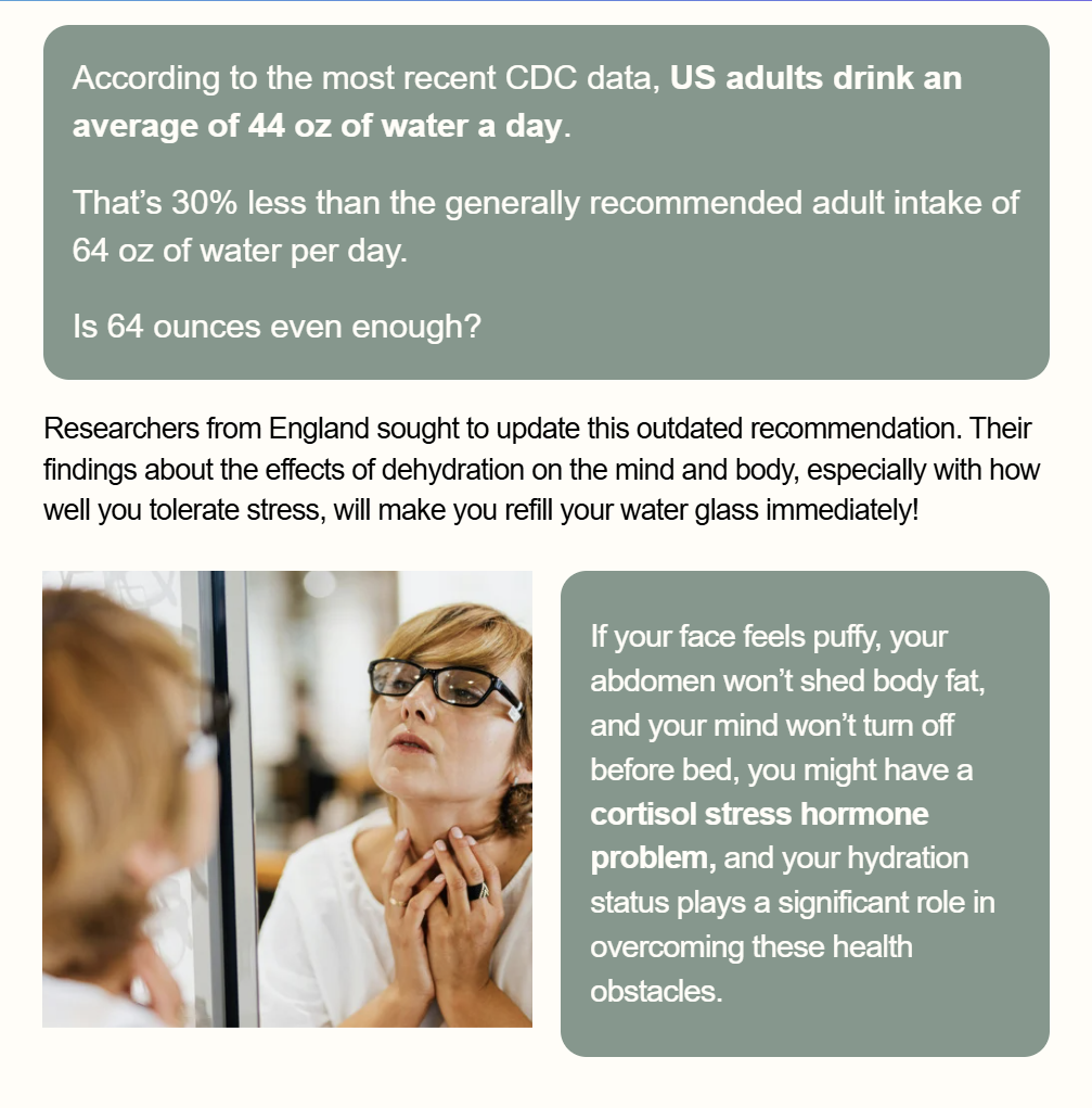 Infographic about hydration, showing a woman thinking and text on water intake recommendations.