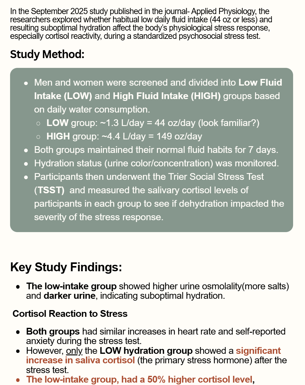 Text-heavy research poster with study method and key findings on low fluid intake and hydration stress responses
