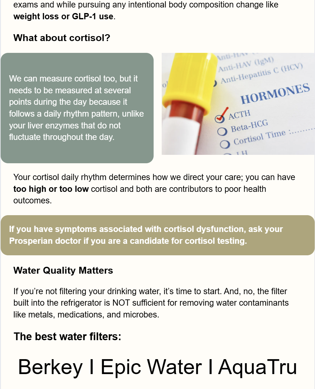 Infographic on water quality and contaminants, with bottle and “Hormones” label, plus filter brand names at bottom