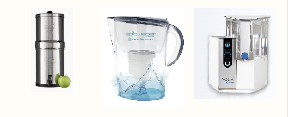 Three water filters: stainless steel bottle, blue pitcher, and countertop purifier.