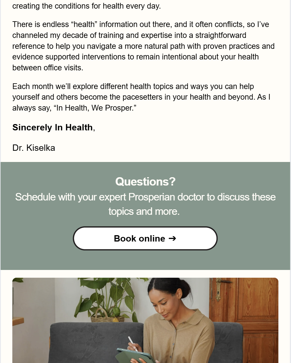Promotional email with a “Book online” button and photo of a person using a laptop in a home office