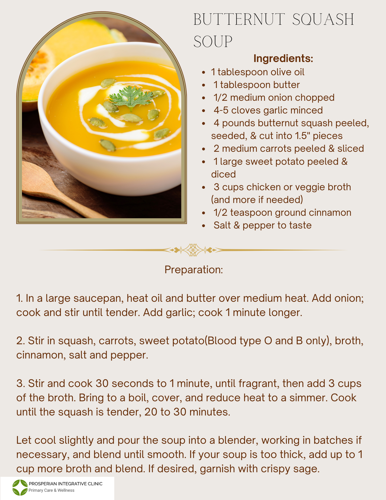 Butternut squash soup recipe card with a bowl of creamy orange soup and ingredient list