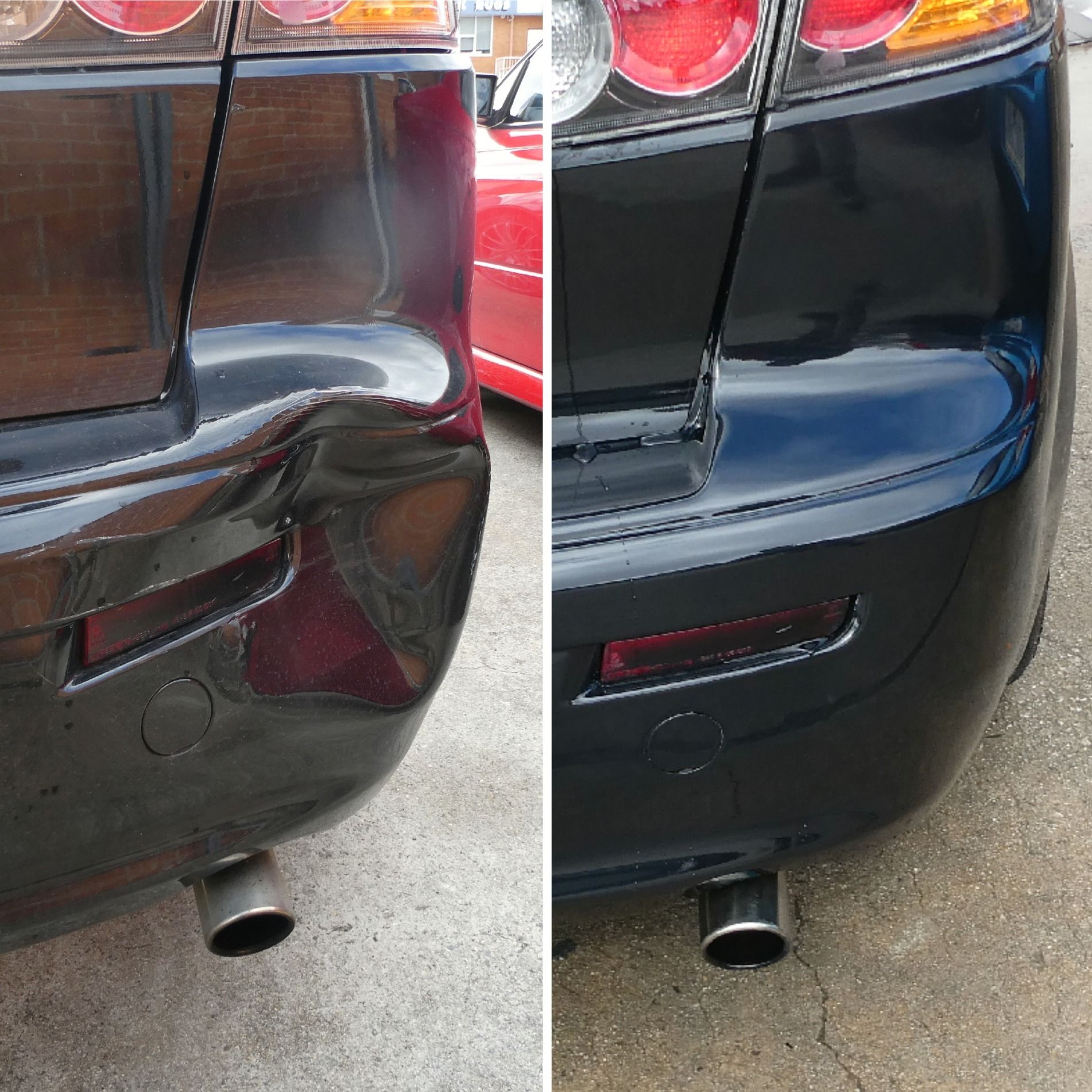 Comparison of a Damaged Black Car Bumper (Left) and the Repaired Bumper (Right) — Moto Bodyworks in Fyshwick, ACT