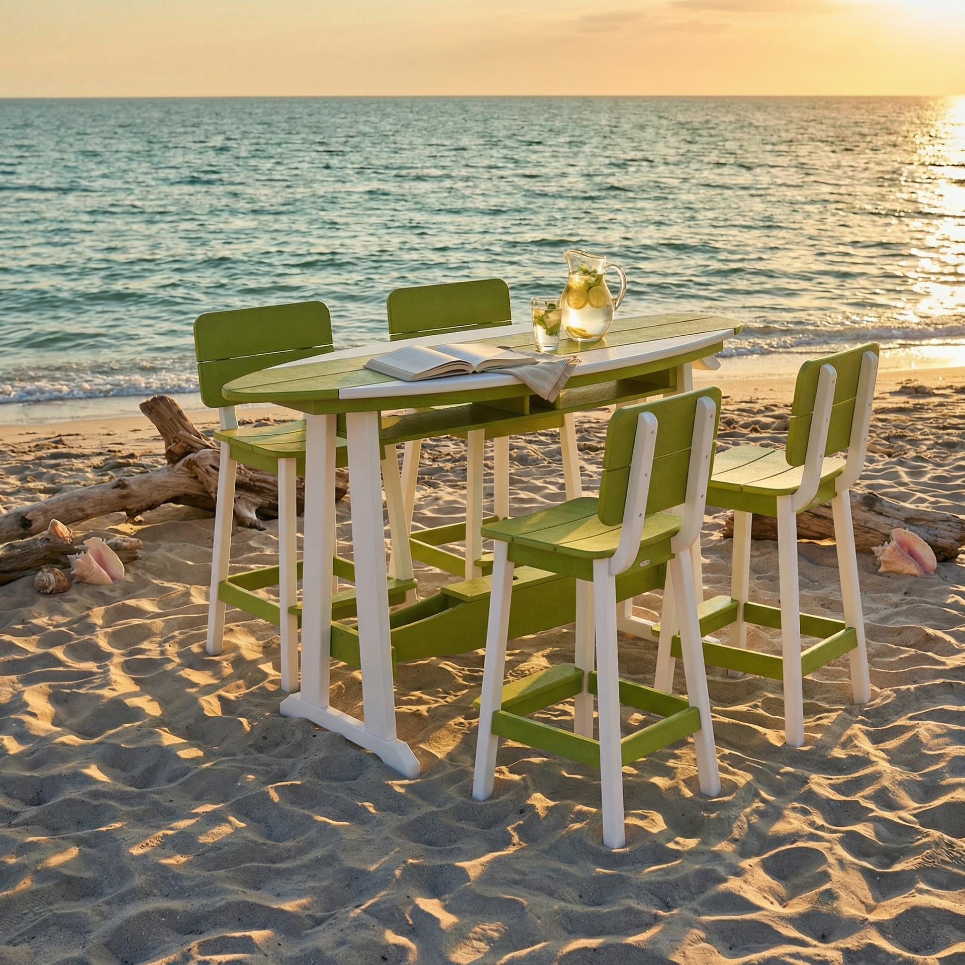Two white chairs and a table on the beach with an umbrella.