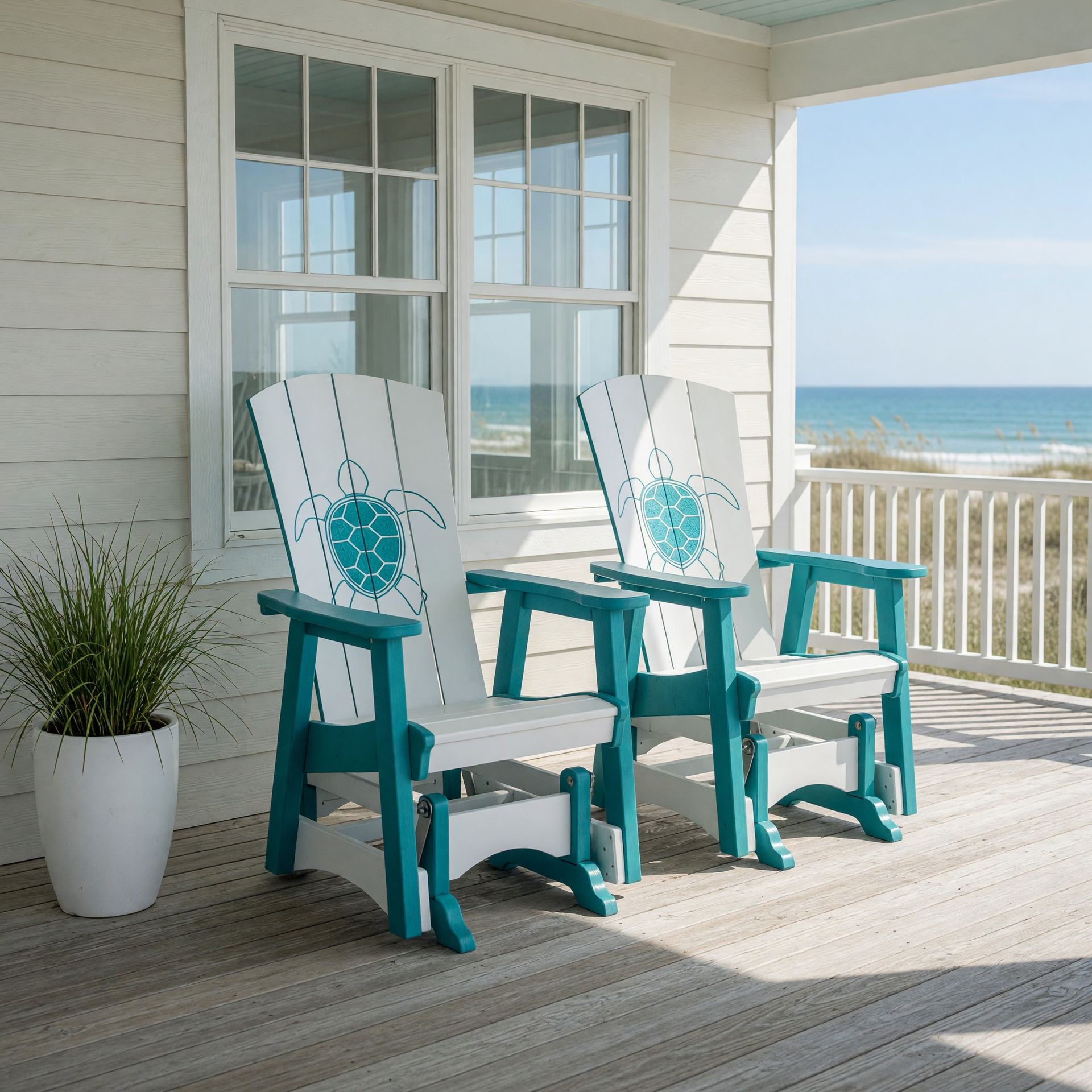 Two blue and white planters are on a deck next to a table and chairs.