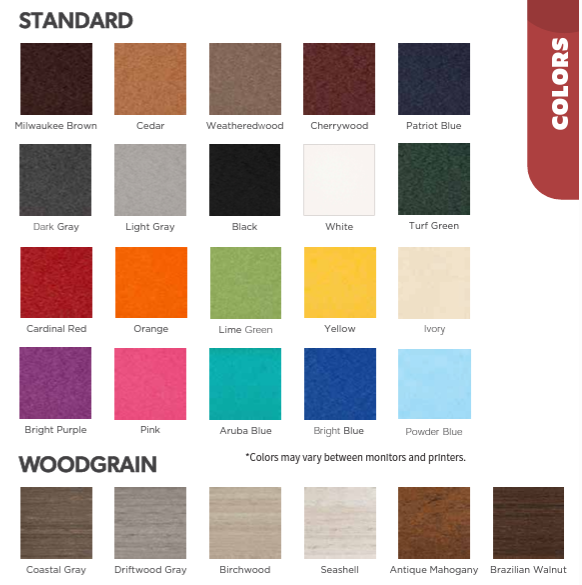 A list of standard colors and woodgrain colors