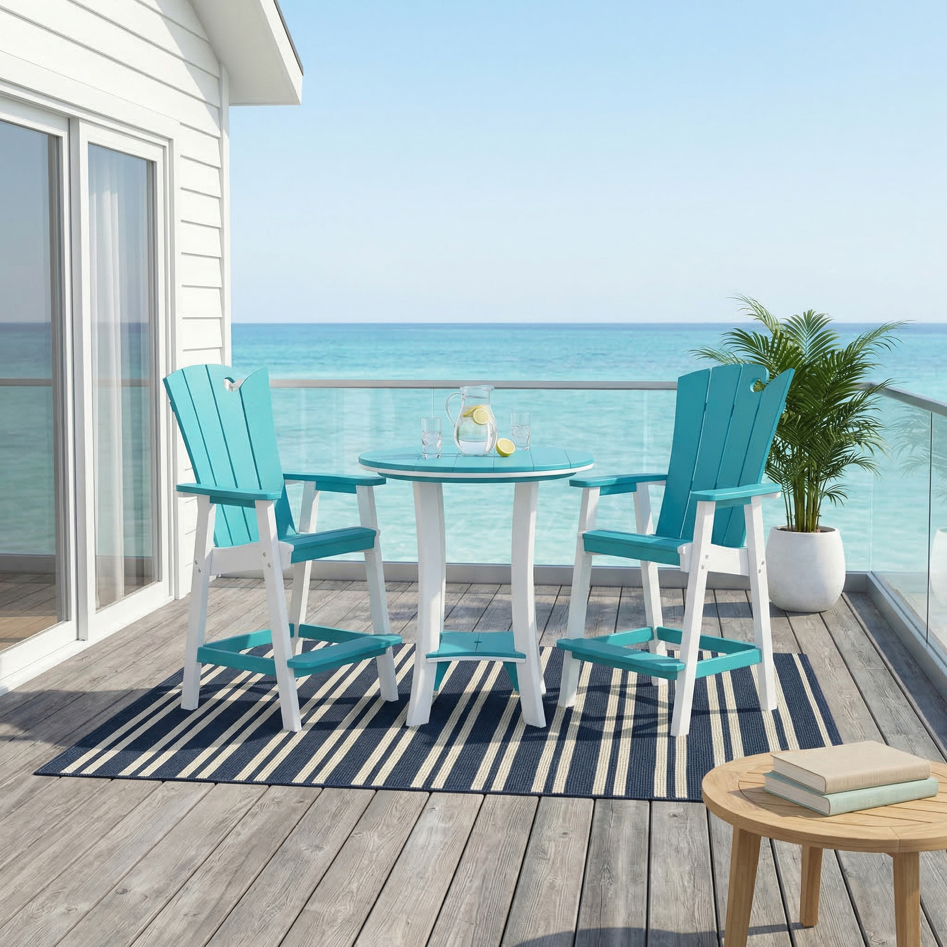 A table and chairs with an umbrella in front of the ocean.