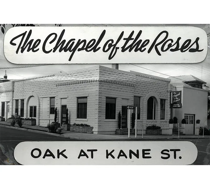 A black and white photo of the chapel of the roses oak at kane st.