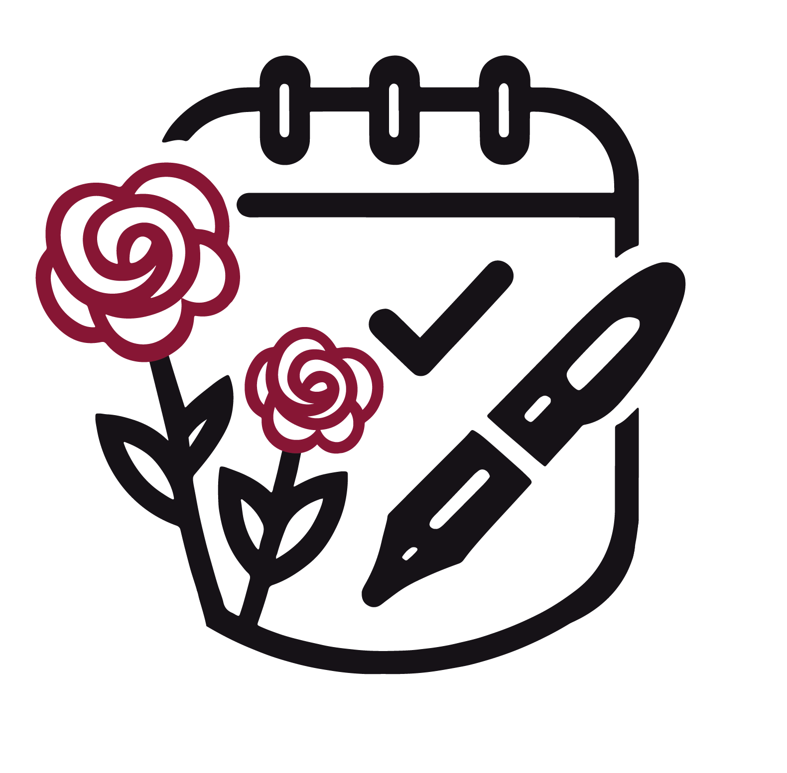 An icon of a notebook with a pen and flowers.