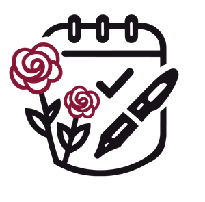 An icon of a calendar with roses and a pen.