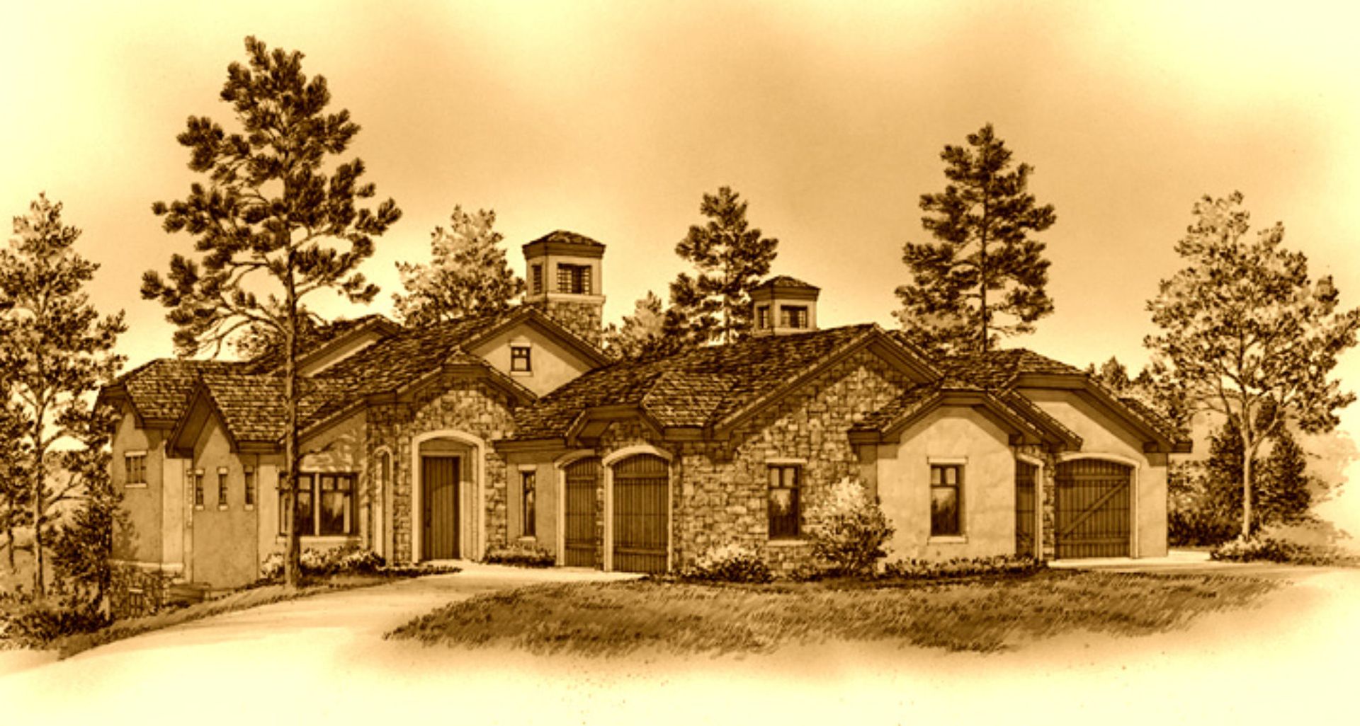 A drawing of a house with trees in the background
