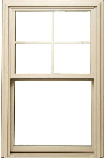 A beige, single-hung window with a two-over-one grille pattern against a white background.