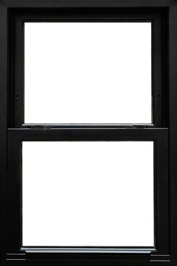 A black framed, double-hung window with two glass panes against a white background.