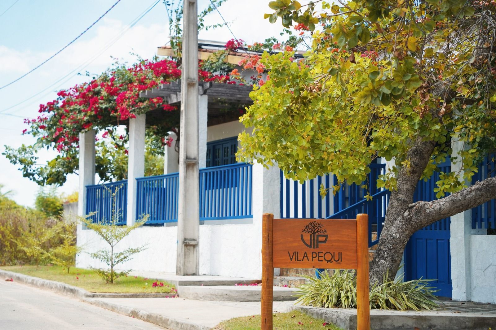 Prédio azul e branco com trepadeiras floridas e uma placa de madeira à beira da estrada.