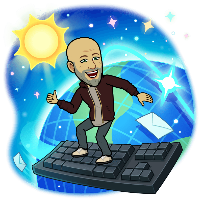 A cartoon of a man standing on top of a keyboard