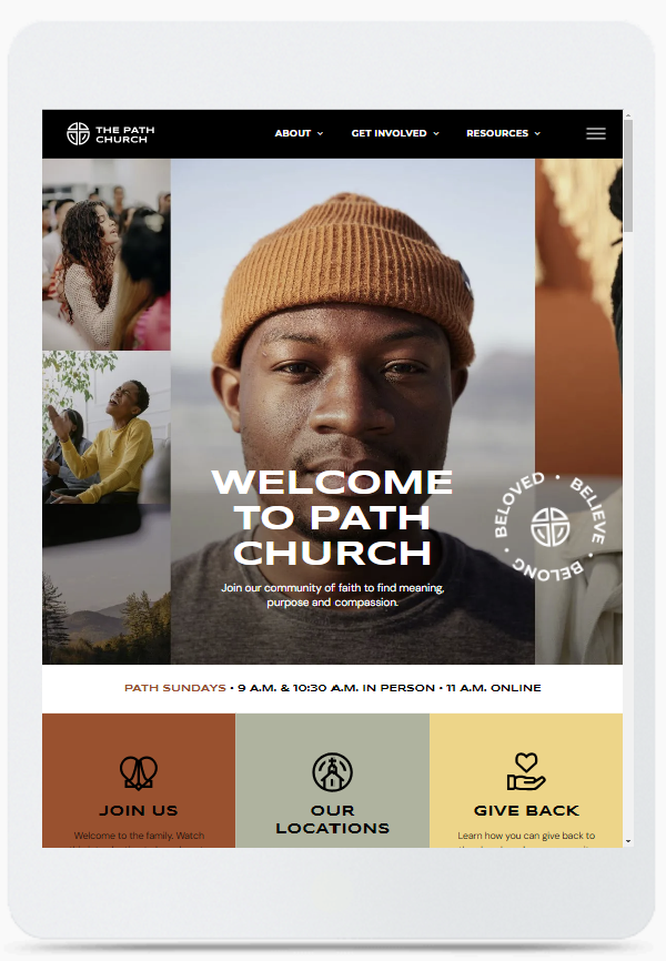 A tablet with a welcome to path church website on it.
