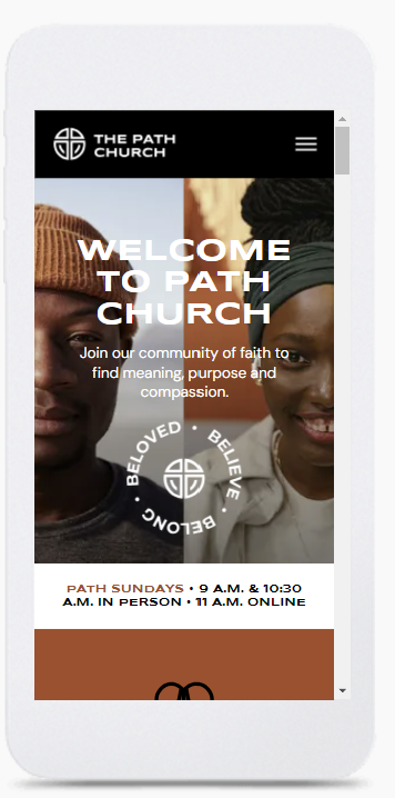 A white cell phone displaying the website for the path church