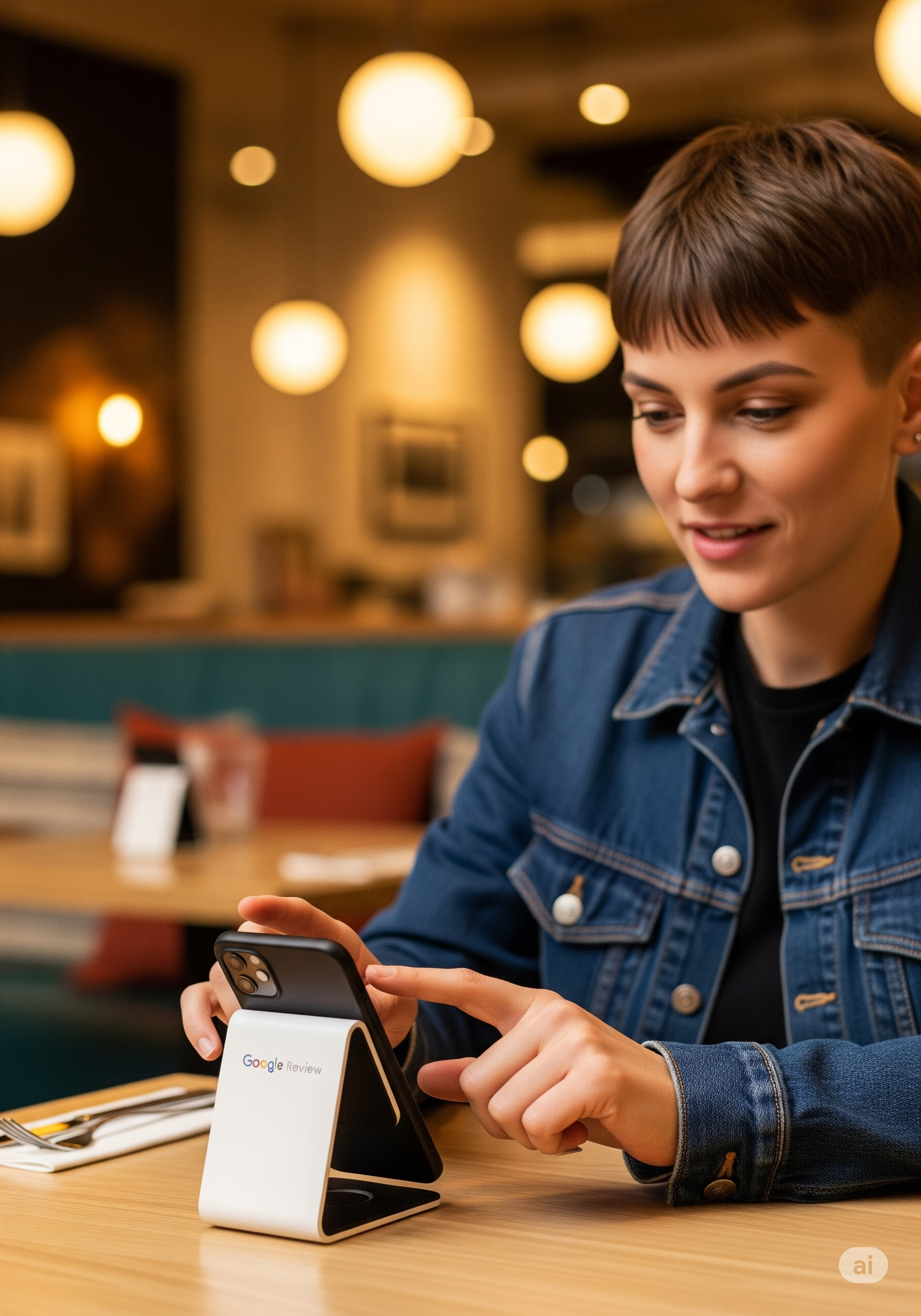 Woman uses phone on a stand in a restaurant, wearing denim jacket.