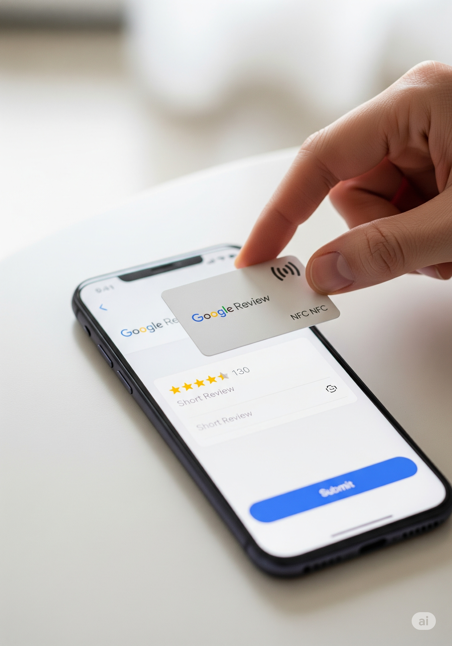 Hand holding a white Google Reviews card over a smartphone displaying a Google Reviews page.