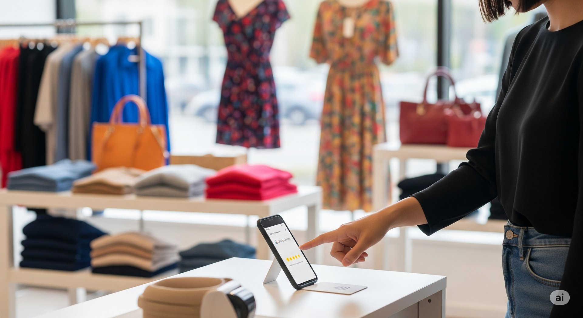 Woman paying with phone at clothing store counter. Merchandise and dresses on display.