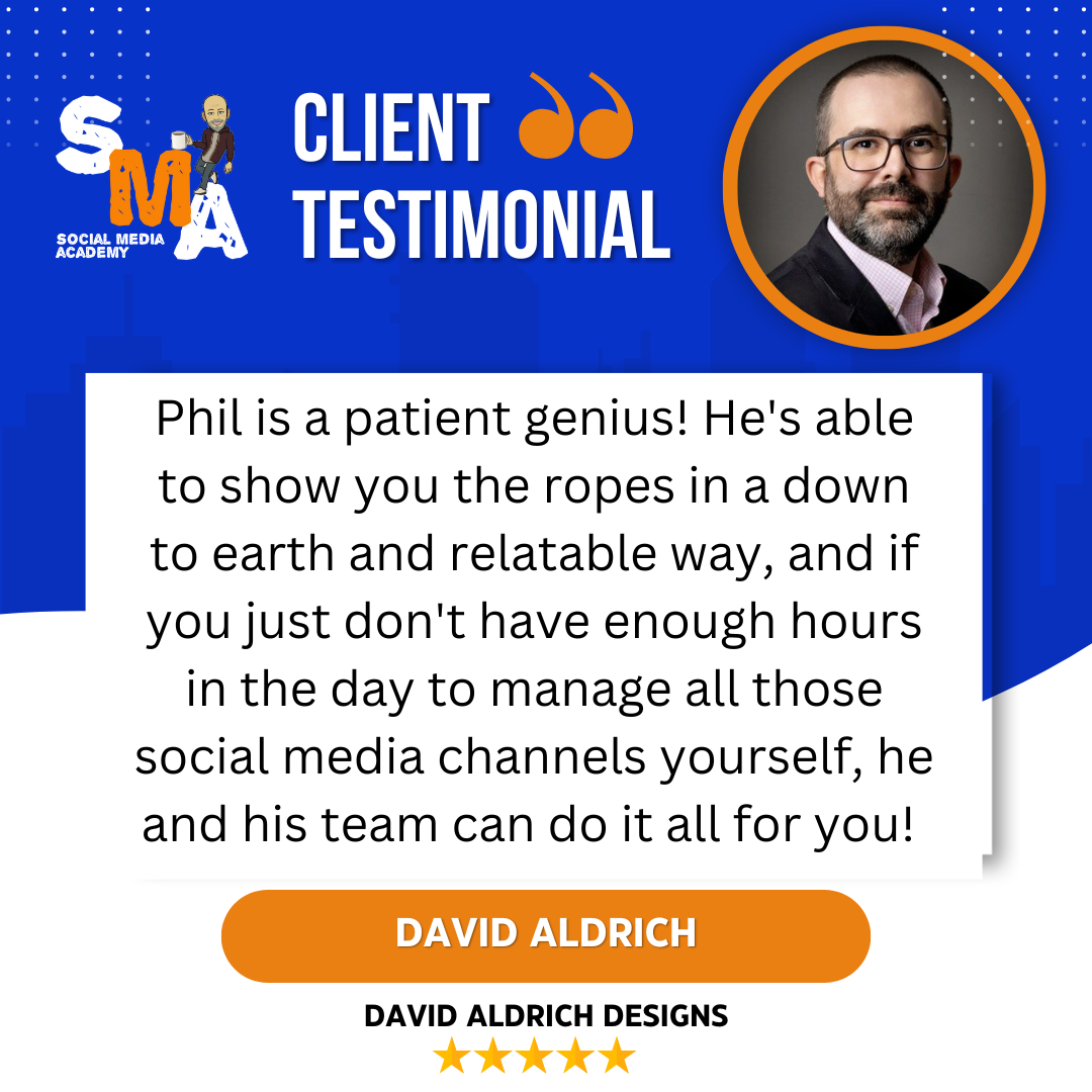 Client testimonial featuring a quote by David Aldrich, headshot of a man, and a logo for social media agency.